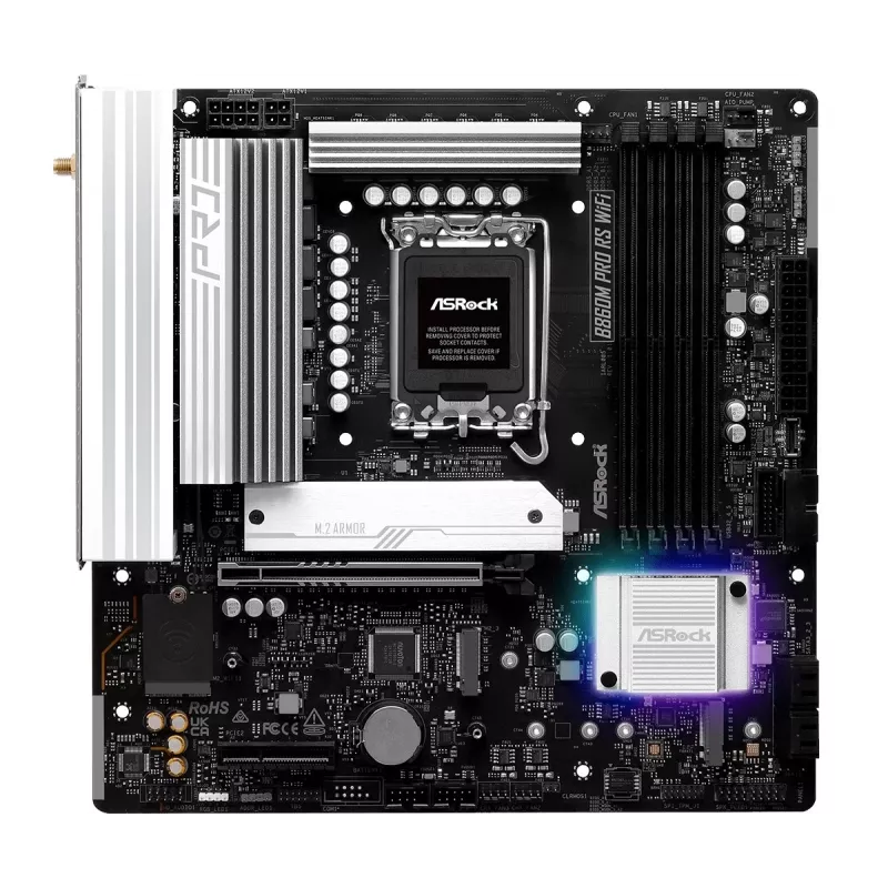 Mainboard ASRock B860M Pro RS WiFi — Intel B860, LGA 1851, micro ATX, DDR5, 4 DIMM, 3x M.2, 2.5Gb LAN, Wi‑Fi, Bluetooth
