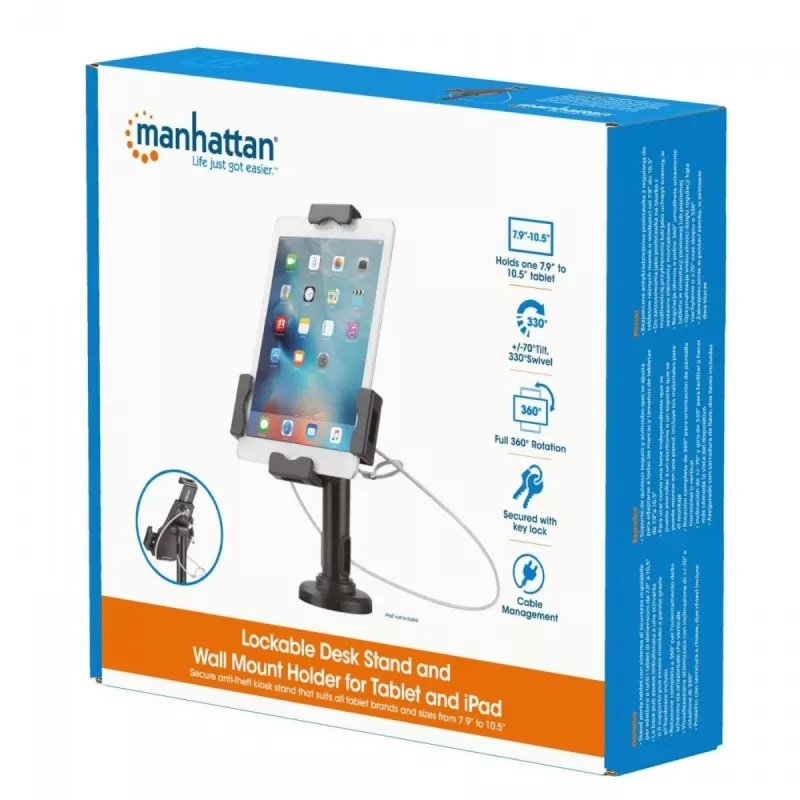 Manhattan iPad- & Tablet-Tischständer, abschließbar, wandmontierbar, sicherer Diebstahlschutz, 7,9 Zoll bis 10,5 Zoll Tablets, 360° Drehung, +/- 70° Neigung, 330° Schwenkbereich, Schwarz, lebenslange Garantie