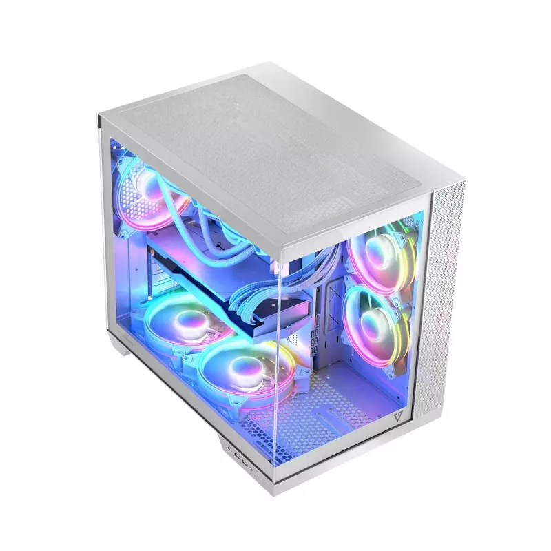 PC-Gehäuse MODECOM Volcano Panorama Midi Tower weiß — micro ATX, gehärtetes Glas, ARGB, USB-C, unterstützt GPU 400 mm