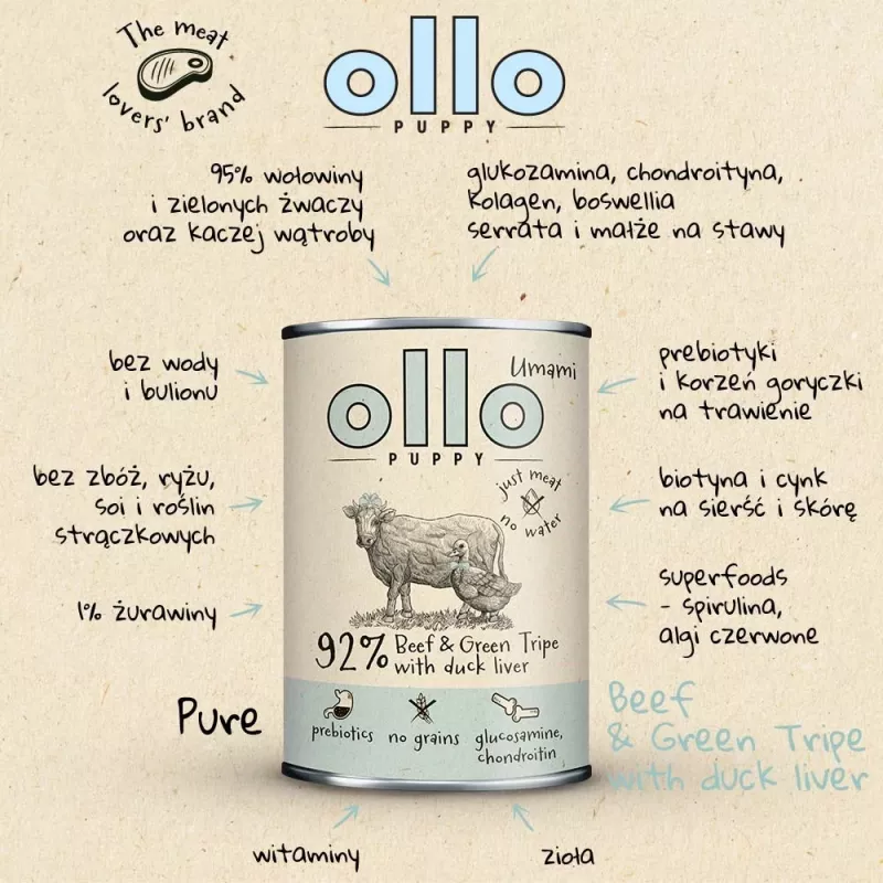 OLLO Puppy Umami Rind und grüne Pansen mit Entenleber - Nassfutter für Hunde - 400g