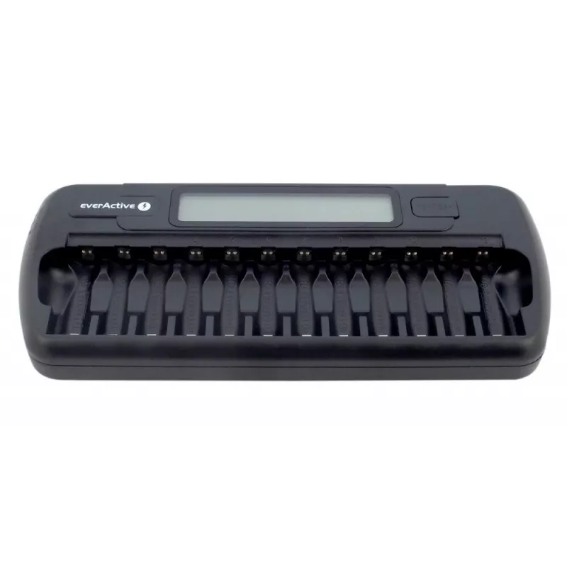 Batterieladegerät everActive NC-1200 – universelles 12-fach-Ladegerät für AA/AAA, 12 V Eingang, schwarz