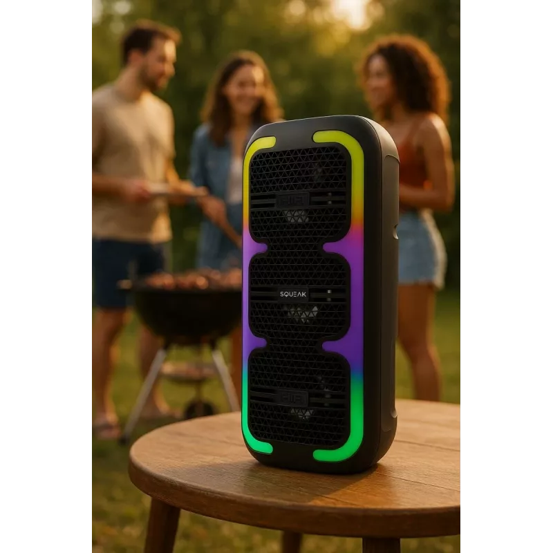 Tragbarer Stereo-Lautsprecher SQUEAK SQ1009 – Bluetooth 5.3, 45 W RMS, 10 h Akkulaufzeit, FM, USB, AUX, LED, 1800 mAh, Schwarz