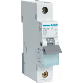 Hager MCN106. Polzahl: 1P. AC-Eingangsfrequenz: 50/60 Hz, Nennausgangsstrom: 6 A. Breite: 17,5 mm, Tiefe: 70 mm, Höhe: 83 mm (MCN106)