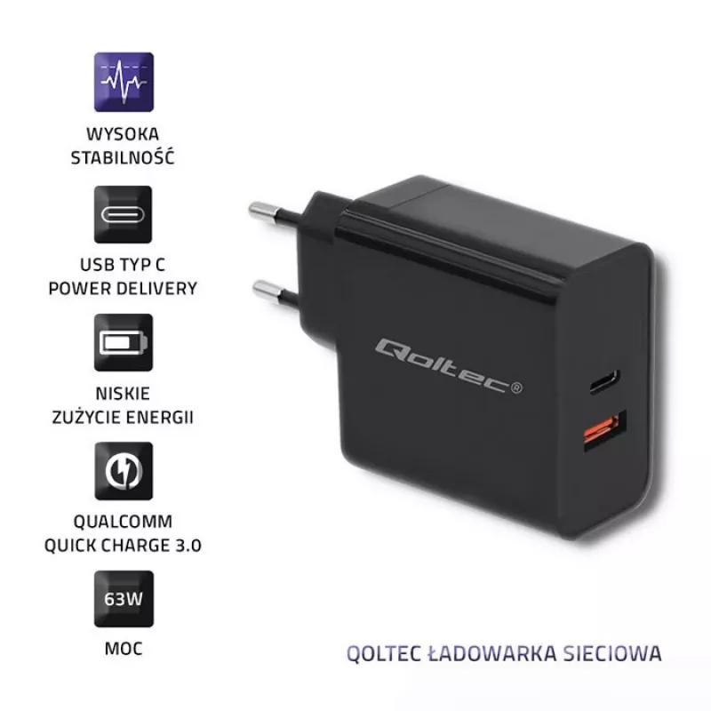 Netzteil QOLTEC 51716 — AC 220–240V auf 20V 3A (63W), schwarz, universelles Indoor-Ladegerät