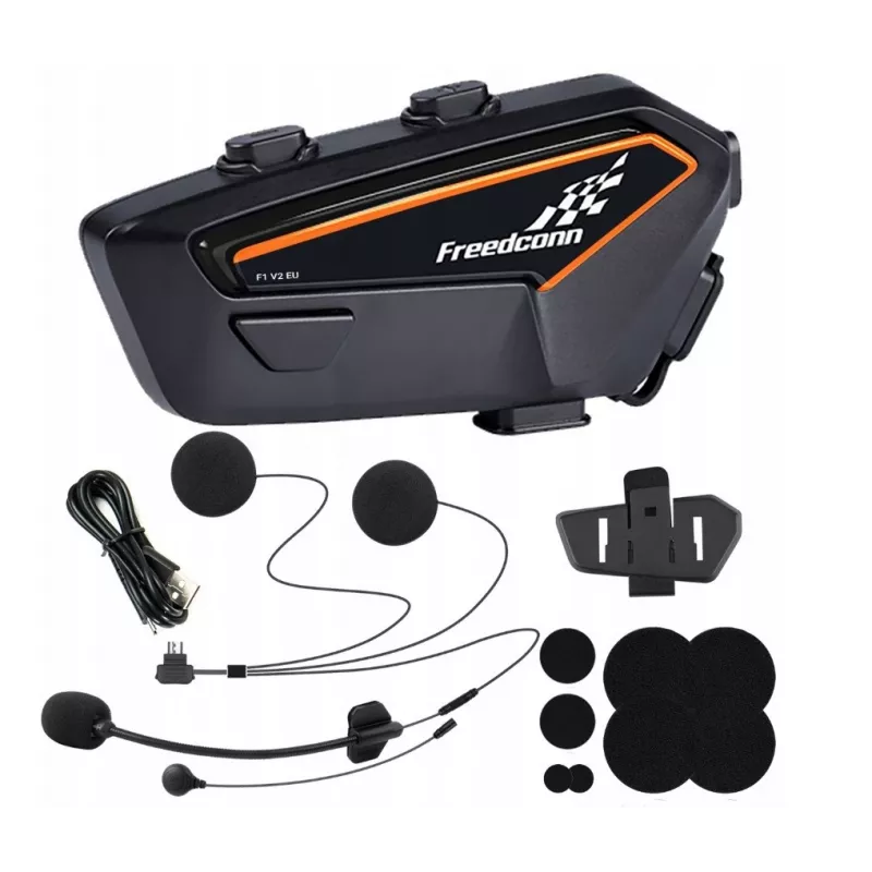 Headset FreedConn F1 V2 EU — Bluetooth 5.2, IP65, 1100-mAh-Akku, bis zu 48 Std. Sprechzeit, UKW-Radio, Mikrofon, Clip