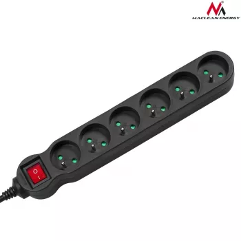 Power-Verlängerung MACLEAN MCE225 — 1.5 m Kabel, 6 Type F AC-Steckdosen, innen, schwarz