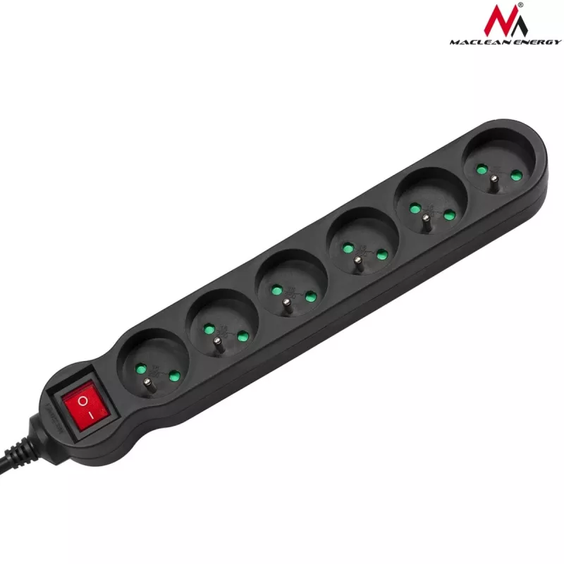 Power-Verlängerung MACLEAN MCE225 — 1.5 m Kabel, 6 Type F AC-Steckdosen, innen, schwarz