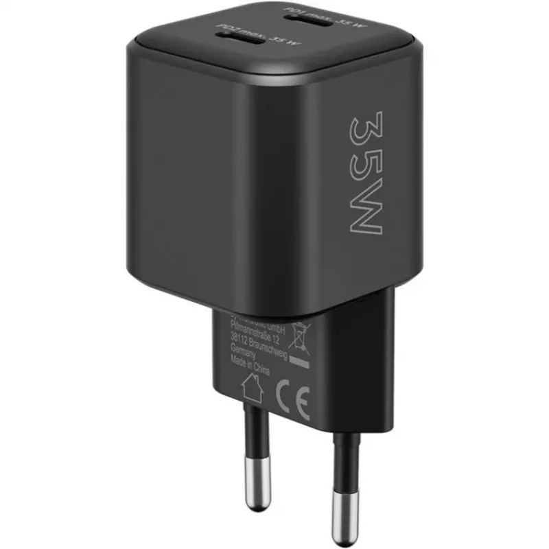 Wandladegerät GOOBAY 75333 — universelles AC-USB-C-Ladegerät für Innenräume, 2x USB-C, 35 W, Schwarz