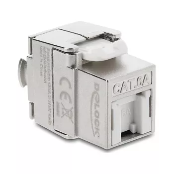 Keystone-Modul DELOCK RJ45 auf LSA Cat.6A geschirmt werkzeugfrei, flach, silber/weiß, mit Staubschutzkappe