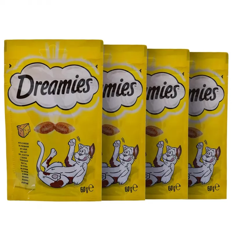 Katzenleckerli Dreamies Cheese, Chicken, Salmon Sortiment 12×60 g — fleischhaltige feste Snacks, Protein 31%, Fett 21%