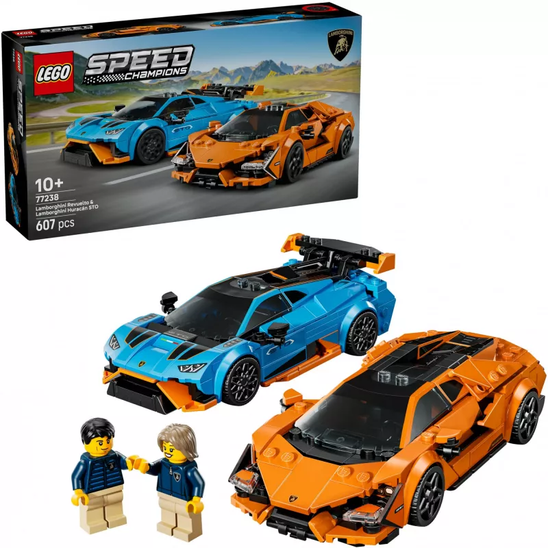 Bausatz LEGO Speed Champions Set 77238 — Lamborghini Revuelto & Huracán STO, 607 Teile, 2 Minifiguren, empfohlenes Alter 10+