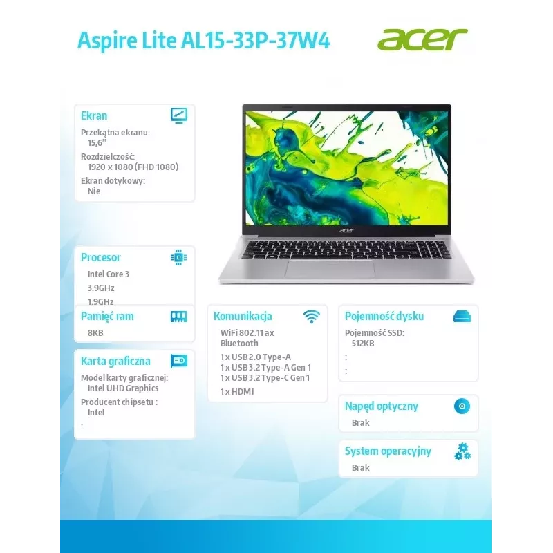 Laptop Acer Aspire Lite Core i3 N355, 39,6 cm (15,6 Zoll) Display, 8 GB RAM, 512 GB SSD, Kein Betriebssystem