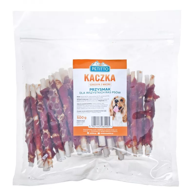 Hundeleckerli PETITTO Duck Kebab 500 g — weiche Trainingshappen mit Entengeschmack, 64 % Protein, 3 % Fett, gluten- und zuckerfrei