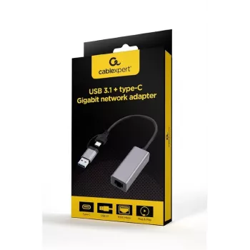USB 3.1 Type-C Gigabit-Netzwerkadapter Gembird A-USB3AC-LAN-01 — 1× RJ-45, 1000 Mbit/s, USB 3.2 Gen 1, Metallgehäuse, grau