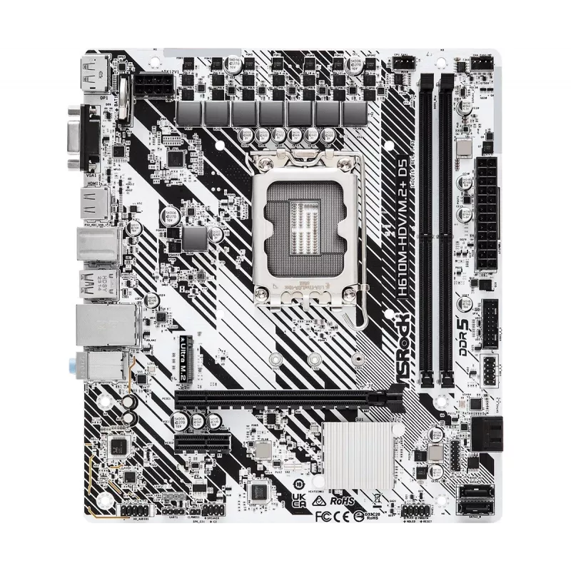 Mainboard ASRock H610M-HDV/M.2+ D5 — Intel H610, LGA 1700, microATX, 2× DDR5 DIMM, M.2, HDMI 2.1, DP 1.4