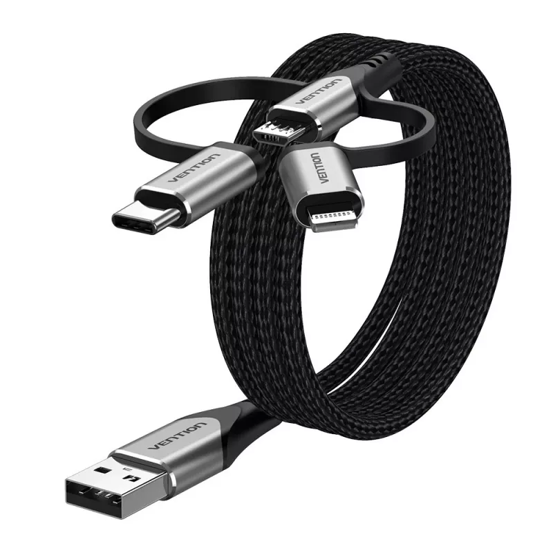 Vention USB 2.0 A Stecker auf 3-in-1 Micro-B&USB-C&Lightning Stecker Kabel 1M Grau Aluminiumlegierung