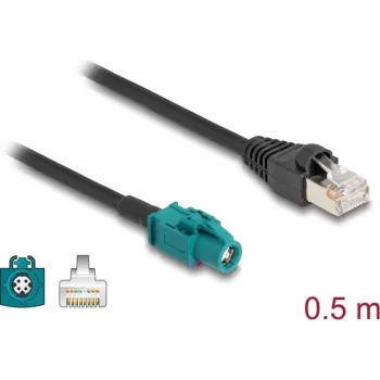 DELOCK Netzwerkkabel 91371 — HSD Z auf RJ‑45, vergoldete Kontakte, 0,5 m, schwarz