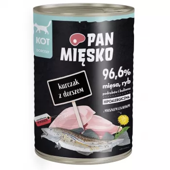 Nassfutter für Katzen Pan Mięsko Huhn mit Kabeljau 400 g – Adult, getreidefrei, für allergische Katzen