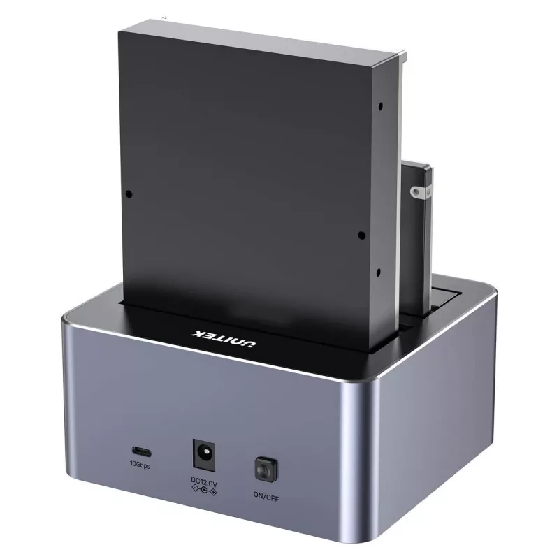 Dockingstation Unitek 51642 für 2,5-Zoll-/3,5-Zoll-SATA-Laufwerke, USB-C 10 Gbit/s, 2 Einschübe, Aluminium