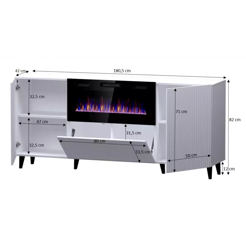 Kommode mit elektrischem Kamin Cama Meble PAFOS 180x42x82 cm mattschwarz, 3 Türen, 2 Einlegeböden, 1400–1600 W