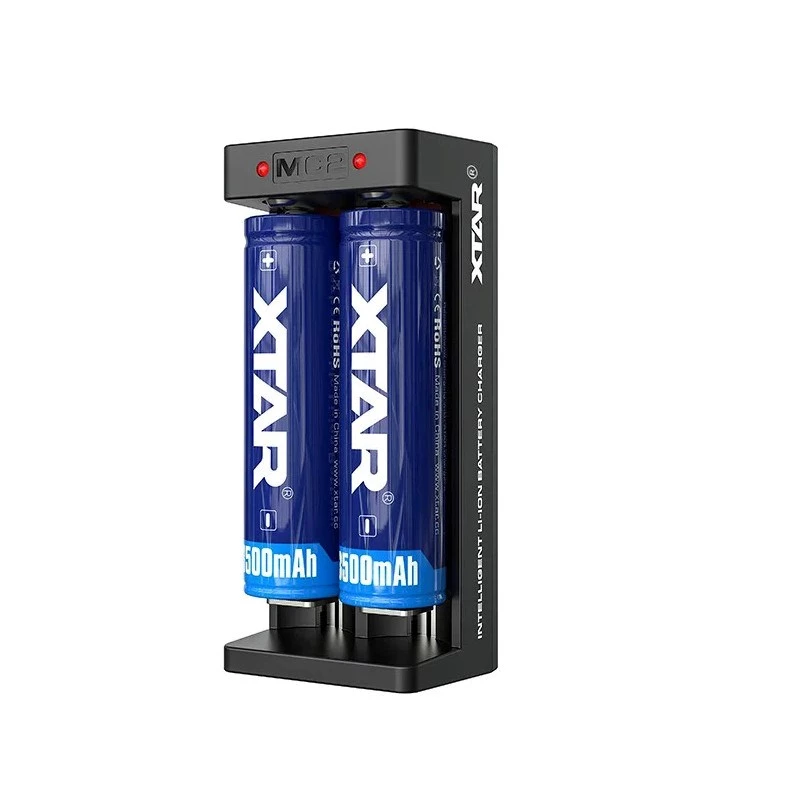 XTAR Dual-Slot Li-Ion-Akkuladegerät für 18650 Zellen, USB-C-Eingang, 2 Schächte, schwarz, LED-Anzeigen