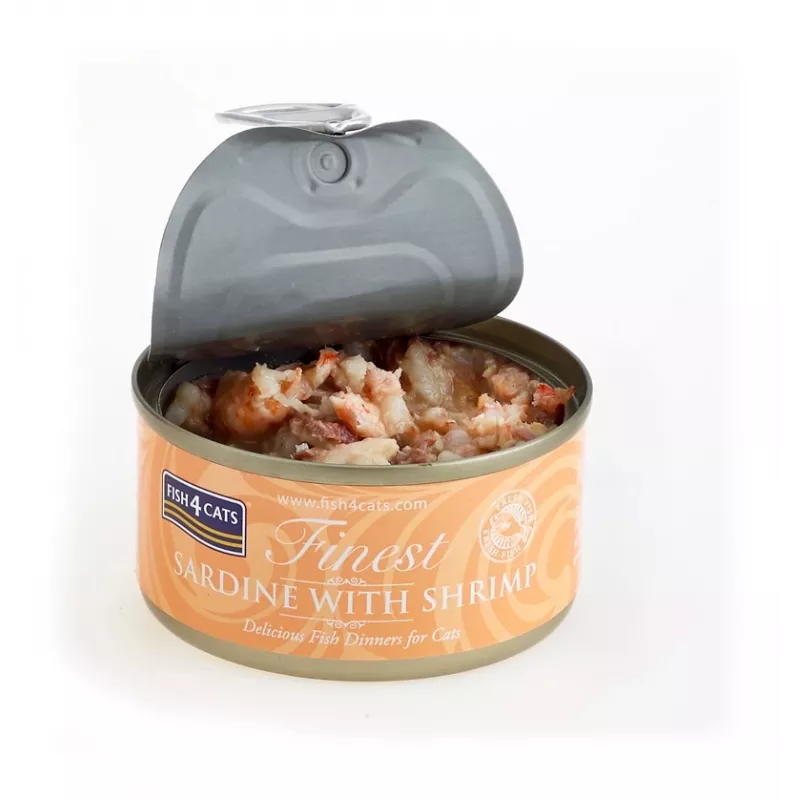 Nassfutter für Katzen FISH4DOGS Sardine mit Garnele 70 g — Alleinfuttermittel in Dosen für ausgewachsene Katzen, Fischgeschmack