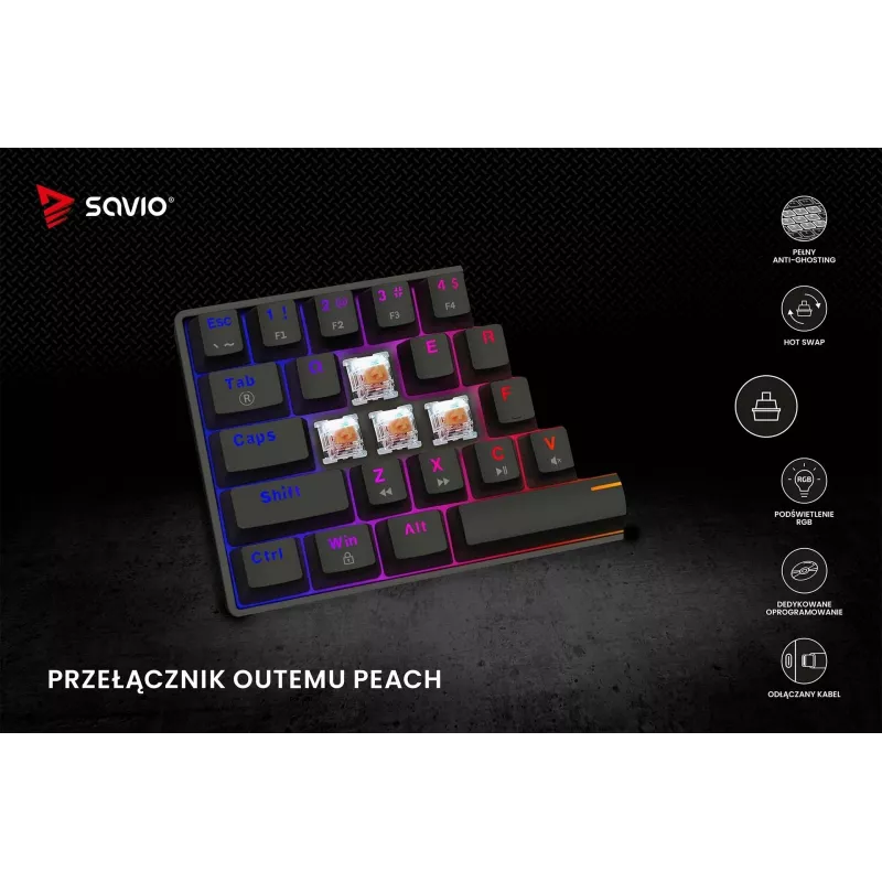 Mechanische Gaming-Tastatur SAVIO SchwarzOUT X2 PEACH — 61 Tasten 60 % QWERTZ, RGB LED, Hot-Swap, USB Typ-A/Typ-C, abnehmbares Kabel