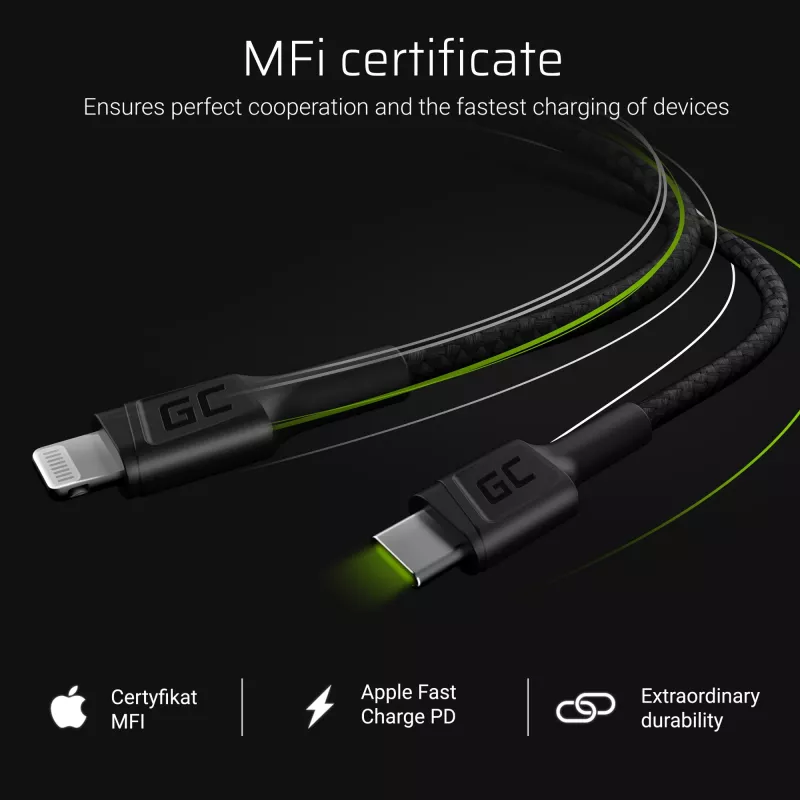 Lightning-auf-USB‑C-Kabel Grün Cell KABGC07, 1 m, schwarz, Lightning (Stecker) auf USB‑C (Stecker), 480 Mbit/s