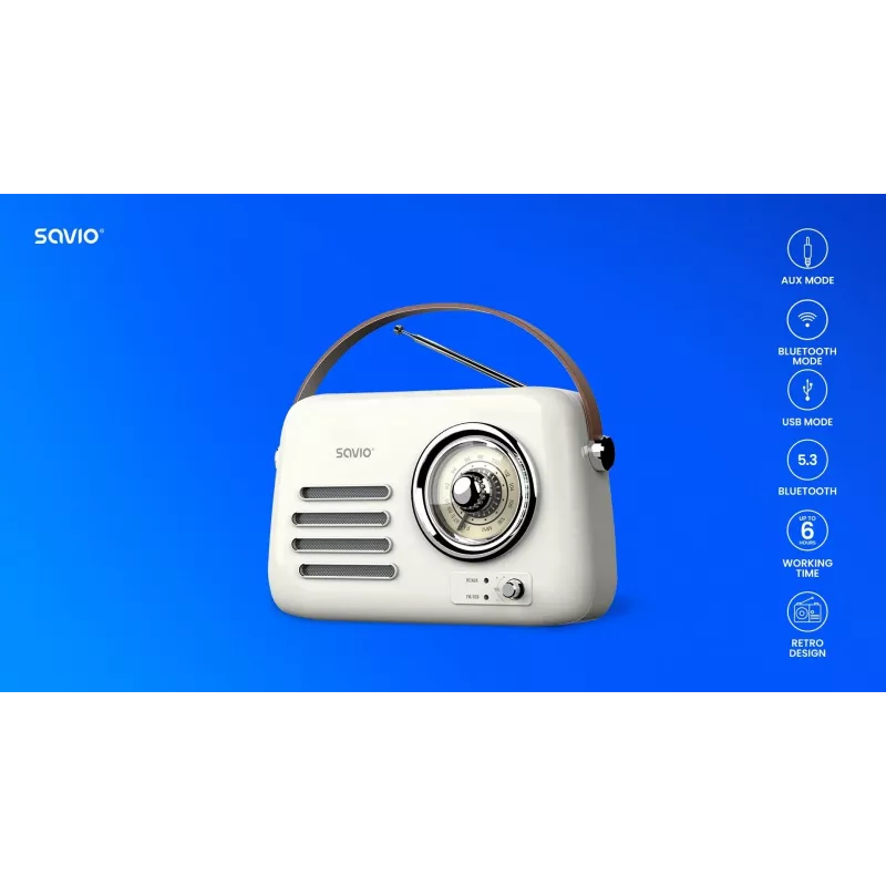 Tragbares Radio SAVIO RS-02 — analoger FM-Tuner, Bluetooth 5.3, USB-Stromversorgung, 3 W, weiß
