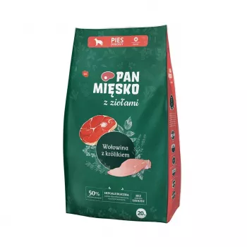 Trockenfutter für Hunde Pan Miesko Mr. Meat mit Kräutern Rind mit Kaninchen M 20 kg Beutel, für mittelgroße Rassen, Protein 30% Fett 20%