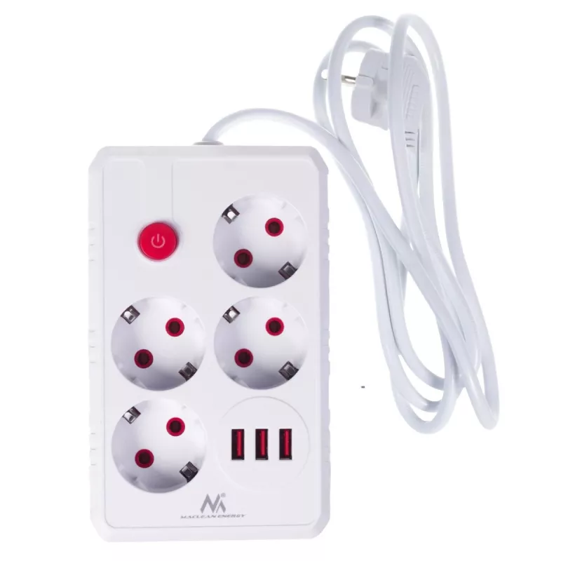 Steckdosenleiste MACLEAN MCE392 W — 4 F-Steckdosen, 3×USB A, 110–240 V, 2,1 A max, 2500 W, 1,5 m Kabel, weiß