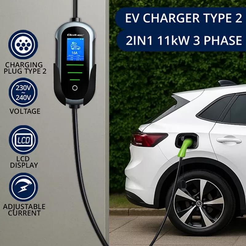 Elektroauto-Ladegerät QOLTEC Mobile EV 2in1 Type2 11 kW 400 V Wi‑Fi TUYA SMART LIFE LCD tragbare Wallbox 5 m Kabel