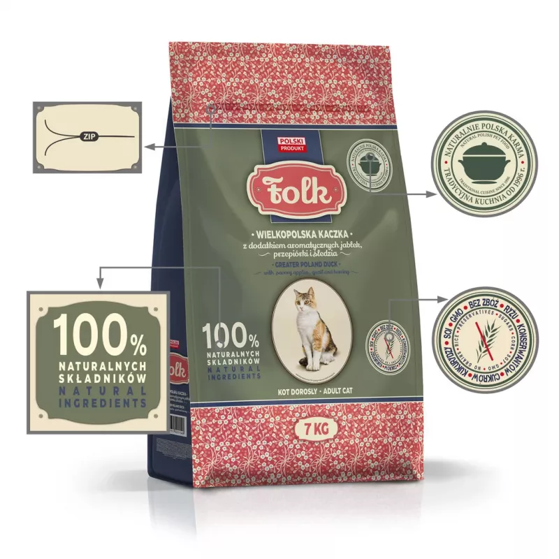 FOLK Greater Poland-Art Ente mit Äpfeln, Wachtel & Hering - Trockenfutter für Katzen - 7kg