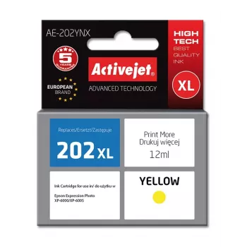 Tintenpatrone ActiveJet AE-202YNX Gelb, kompatibel mit Epson 202XL, 12 ml Farbstofftinte, hohe (XL) Reichweite, Einzelpackung