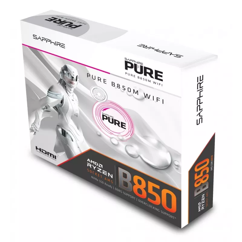 Mainboard Sapphire PURE B850M WIFI Micro ATX — AMD B850, Sockel AM5, DDR5 bis zu 8000 MHz, 4 DIMM, Wi‑Fi 6, 2,5 Gb LAN, 2× M.2, PCIe 5.0 x16