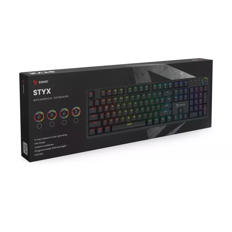 Gaming-Tastatur SAVIO STYX BROWN – mechanische Outemu Brown, QZERTY US International, RGB, USB, Full-Size 104 Tasten, schwarz