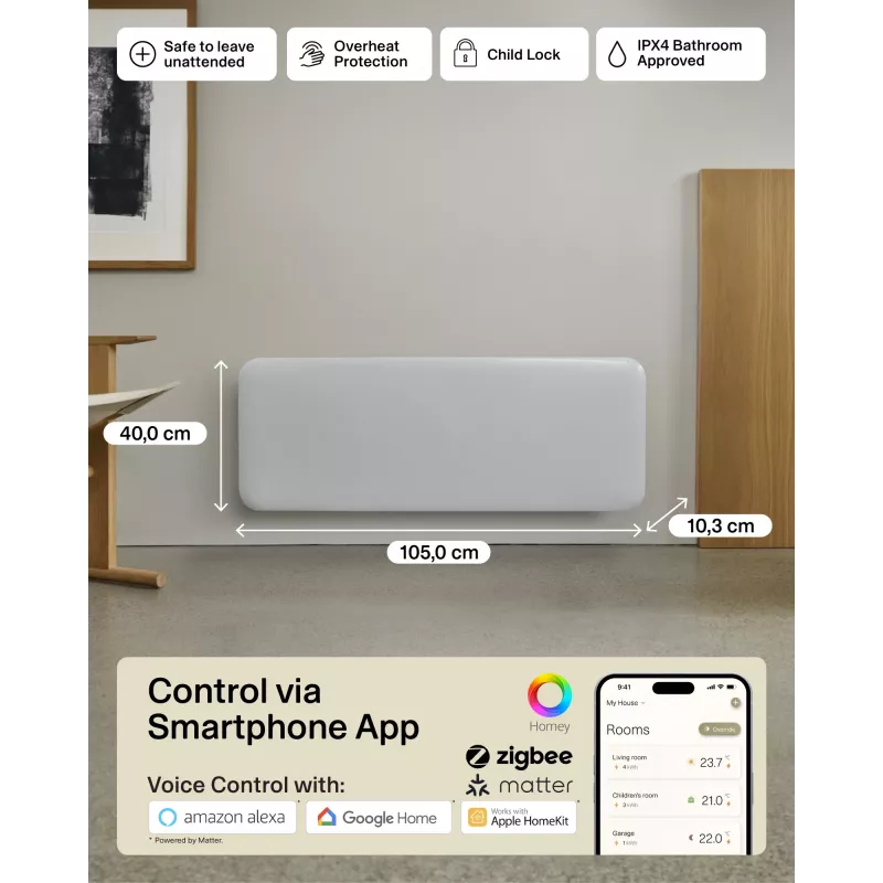 Mill Invisible Smart WiFi Heater | PA2000WIFI4 | Panel-Heizgerät | 2000 W | Geeignet für Räume bis zu 24-28 m² | Weiß | IPX4