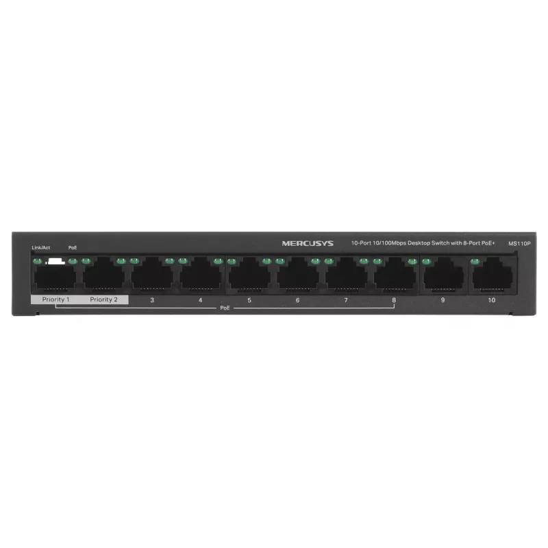 Switch Mercusys MS110P 10 Ports 10/100Mbps POE+ 8 Ports (Version 1.0)