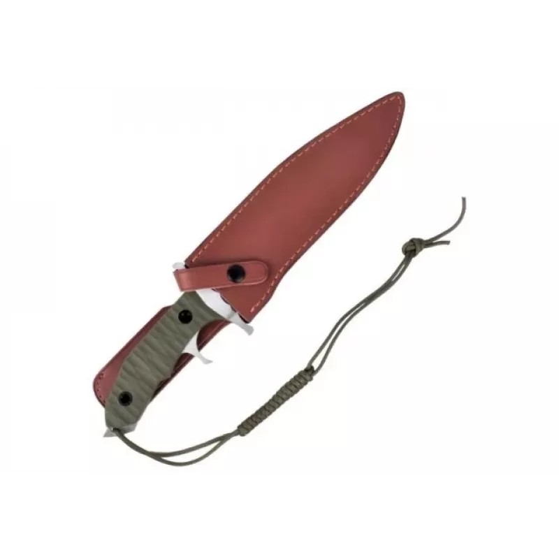 Feststehendes Messer Cinema Classic CC-H5 Rambo V — Überlebensmesser, Stahlklinge 230 mm, Gesamtlänge 385 mm, grüner Polymergriff, Lederscheide