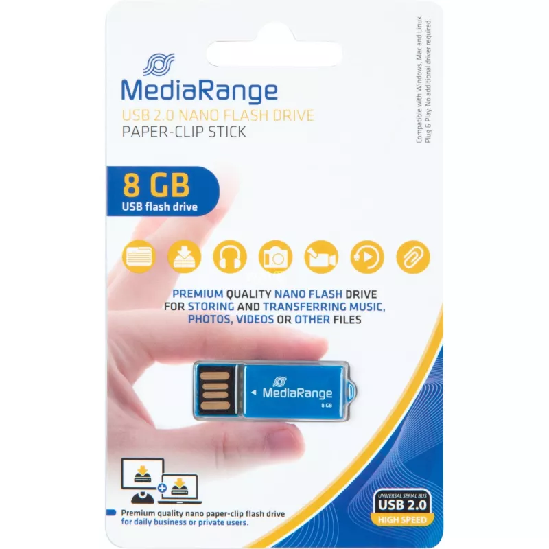 USB Nano 8 GB, USB-Stick blau, USB-A 2.0, mit Büroklammer-Funktion