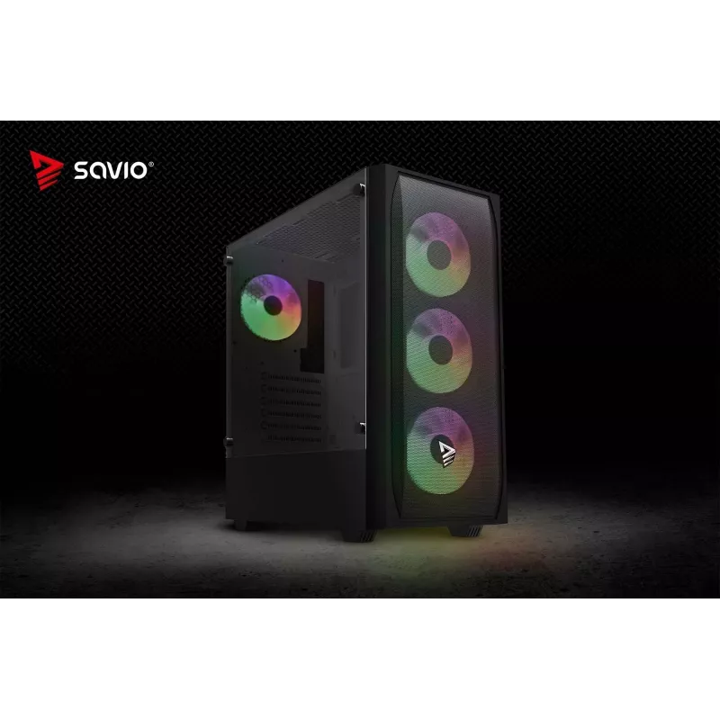 PC-Gehäuse SAVIO Noctis Flow RGB — Cube, ATX/Mini-ITX, 3x 120 mm Frontlüfter, Seitenfenster aus gehärtetem Glas, max. GPU 35 cm