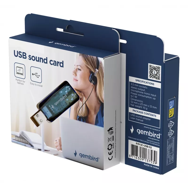 USB Externe Soundkarte Gembird Virtus2 — USB-Schnittstelle, 3,5 mm Kopfhörer, blau transparent
