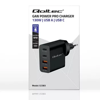 Qoltec GaN POWER PRO Ladegerät | 2xUSB-C | 2xUSB | 130W | 5-20V | 1.5-5A | XP | Schwarz