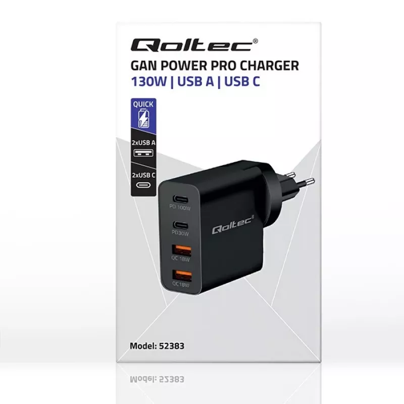 Qoltec GaN POWER PRO Ladegerät | 2xUSB-C | 2xUSB | 130W | 5-20V | 1.5-5A | XP | Schwarz