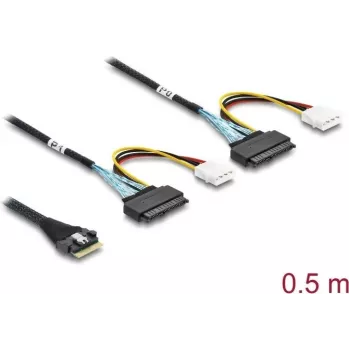 DELOCK PCIe 4.0 schlank SAS-Kabel SFF-8654 8i auf 2× U.2 SFF-8639-Buchsen mit Stromanschluss 0,5 m