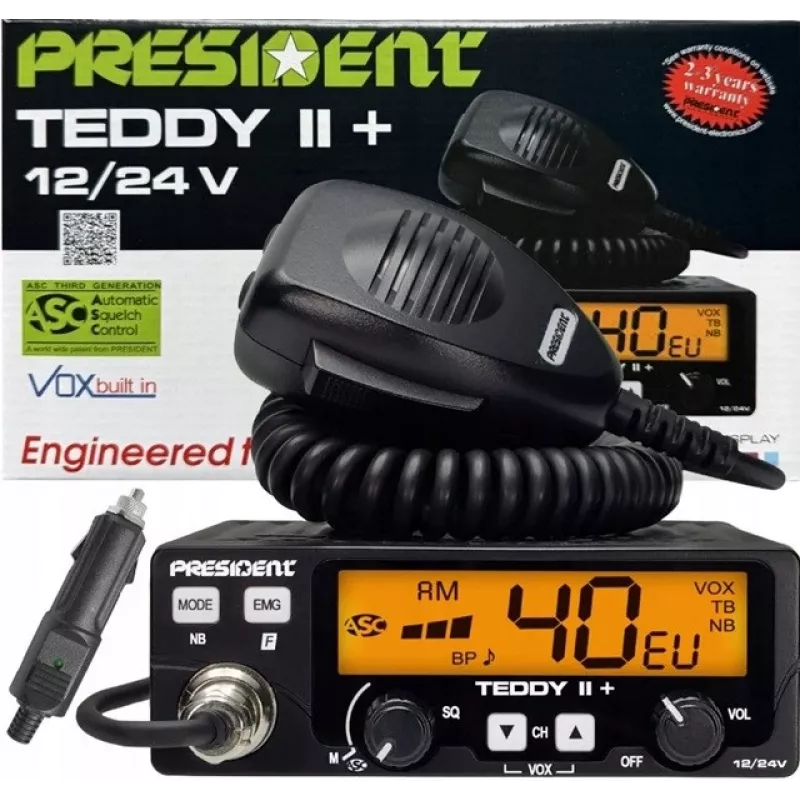 CB-Funkgerät President Teddy II+ — 40 Kanäle, 4 W Sendeleistung, 12/24 V, Störfilter, 125×125×45 mm