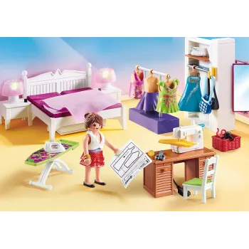 Playmobil Puppenhaus Spielset mit Figuren – Schlafzimmer mit Nähecke 70208