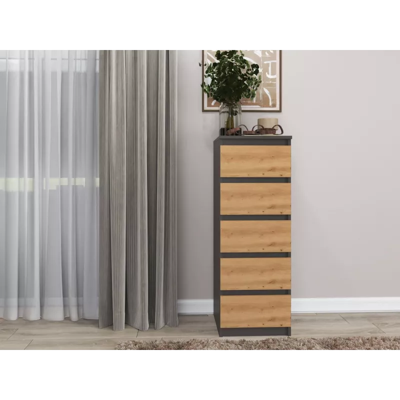 Kommode Top e Shop W5 ANT/ART, 5 Schubladen, Anthrazit/Eiche, Spanplatte