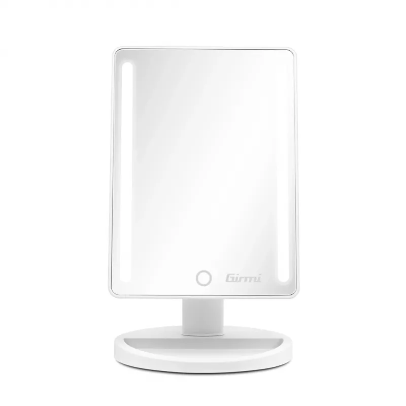 Freistehender Kosmetikspiegel Girmi BE04 – rechteckig mit 1-facher Vergrößerung, weiße LED, USB/4×AA, 180°-Drehung