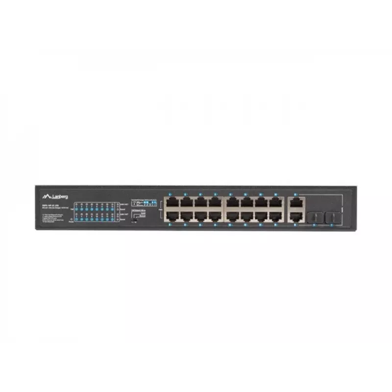Unmanaged Switch LANBERG RSFE-16P-2C-250 — 18-Port Gigabit, 16x PoE+ (30W), 2x SFP, 250W, 1U, Metall, Rackmontage